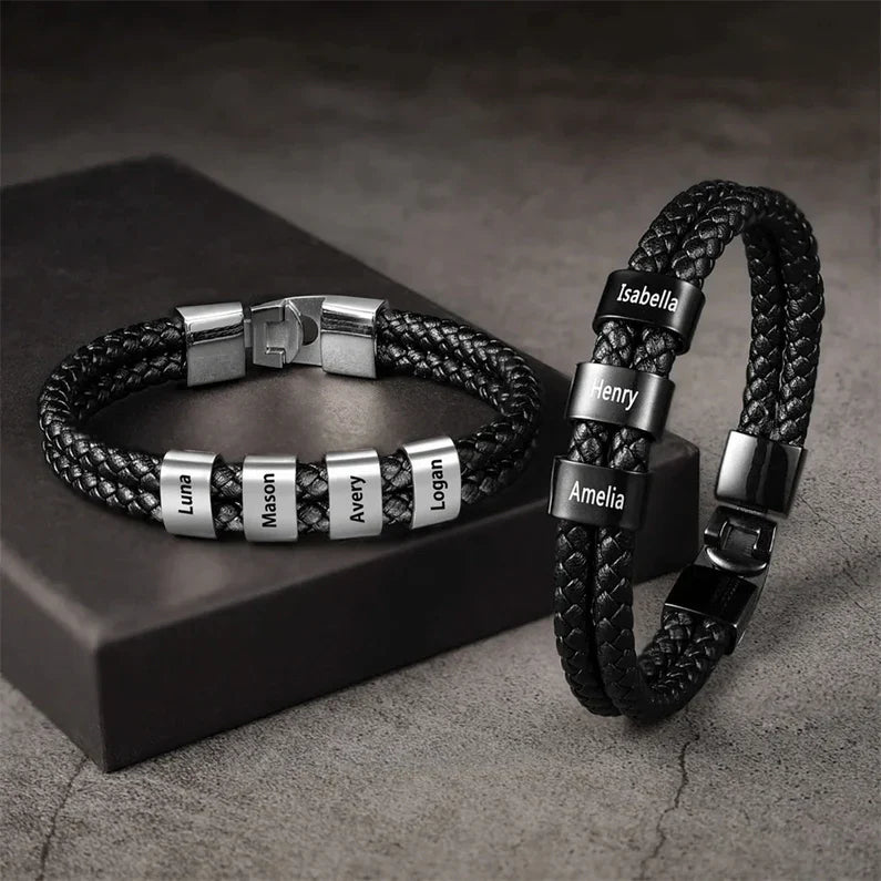 Bracelet Homme Personnalisable - Gravez le nom de votre famille - Cuir et Acier inoxydable