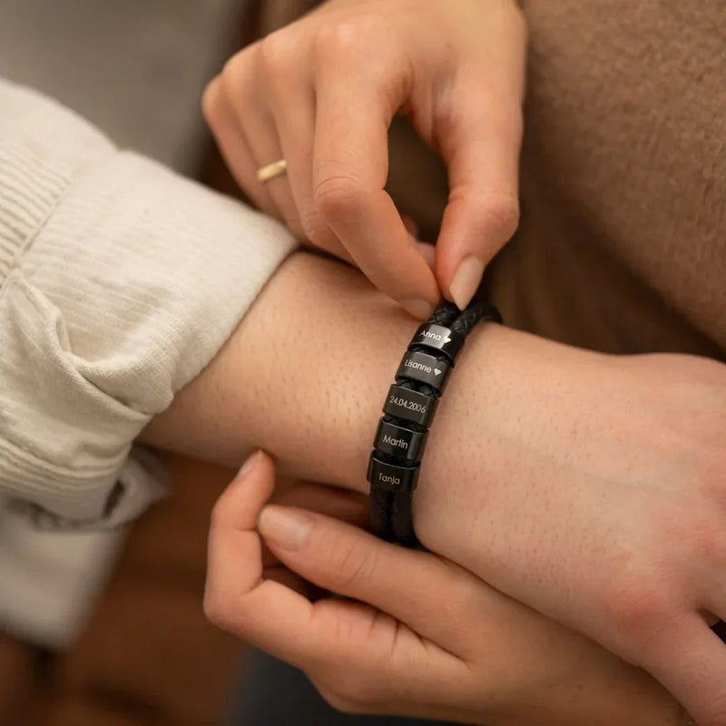 Bracelet Homme Personnalisable - Gravez le nom de votre famille - Cuir et Acier inoxydable