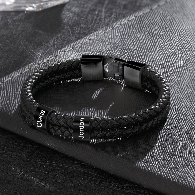 Bracelet Homme Personnalisable - Gravez le nom de votre famille - Cuir et Acier inoxydable