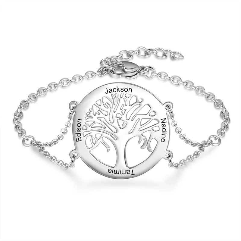 Bracelet Arbre de Vie Personnalisable - Acier Inoxydable - Prénoms Gravés au Laser